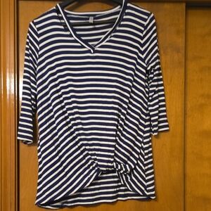 Striped V-Neck Knot Front Women's Top - Navy & White